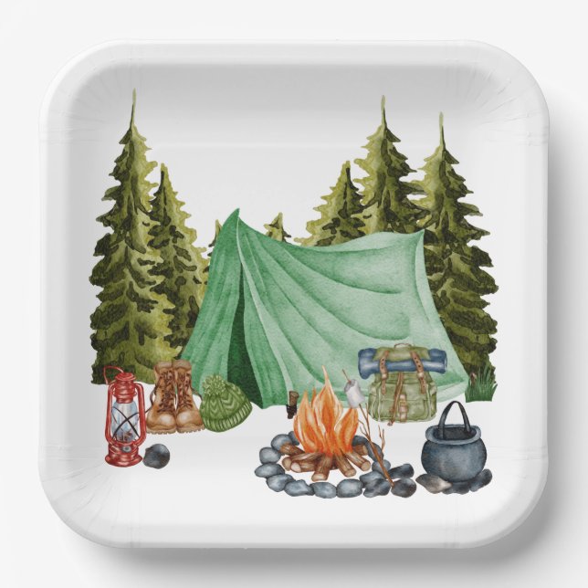 Cute Camping Theme Campfire, Tent, Forest Paper Plate (Front)