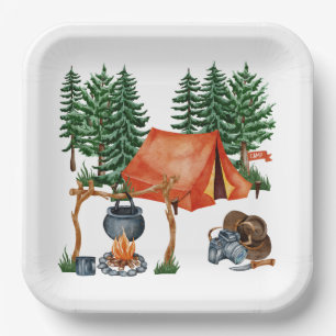 Cute Camping Theme Campfire, Tent, Forest Paper Plate