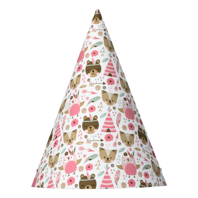 Cute Camping Woodland Animals Pattern Party Hat (Front)