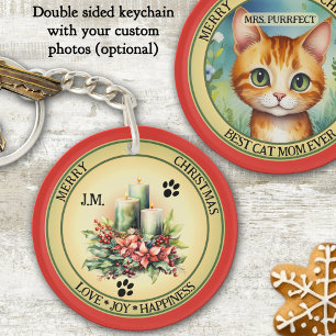 Cute Candles Cat Christmas Double Sided Key Ring