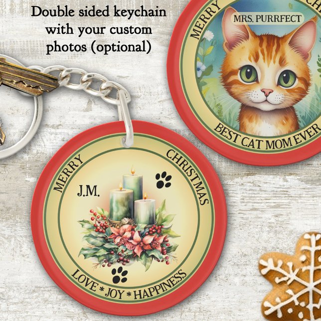Cute Candles Cat Christmas Double Sided Key Ring (Keychain featuring a fun watercolor Christmas candle with paw prints and a cute cat illustration)
