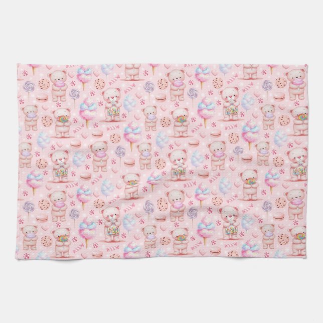 Cute Candy Bear and Sweets Seamless Pattern Tea Towel (Horizontal)