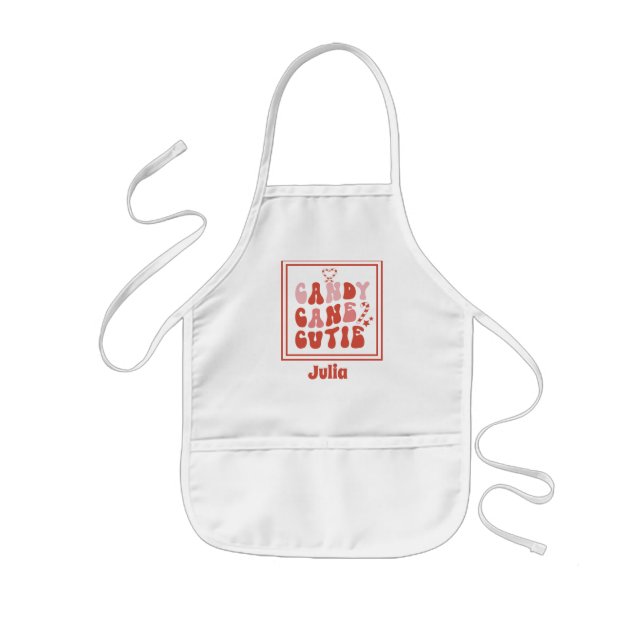 Cute Candy Cane Cutie Heart Red Pink Name Kids Apron (Front)