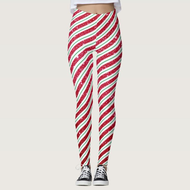 Cute Candy Cane Glitter Stripped Pattern Christmas Leggings (Front)