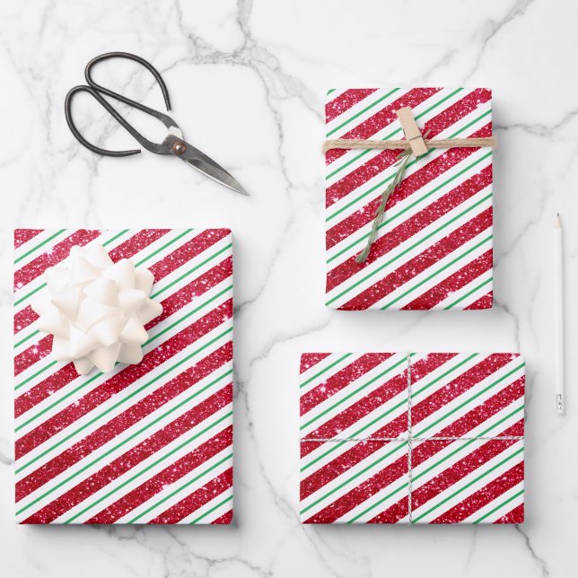 Cute Candy Cane Glitter Stripped Pattern Christmas Wrapping Paper Sheet (Front)