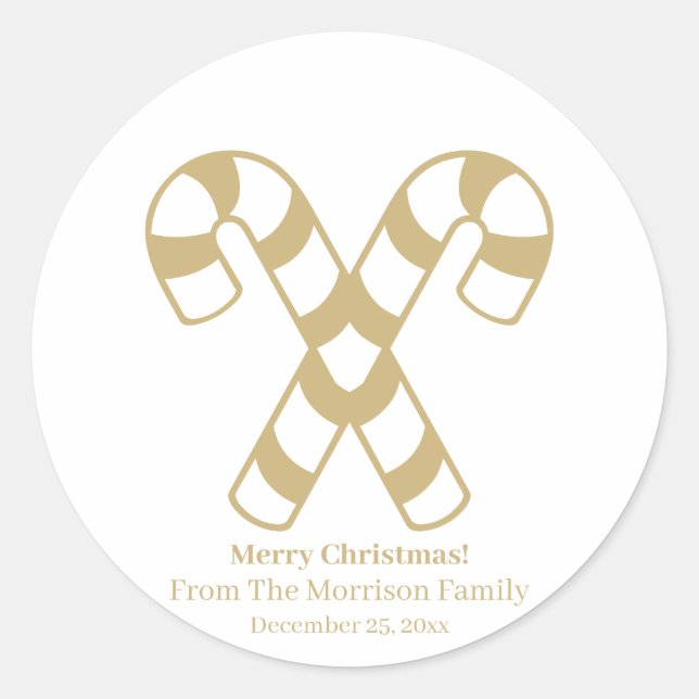 Cute candy cane gold white personalised Christmas Classic Round Sticker (Front)