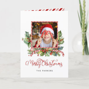 Cute Candy Cane Merry Christmas Floral Photo Holiday Card