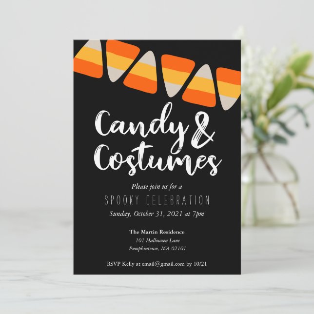 Cute Candy Corn Candy and Costumes Halloween Party Invitation (Standing Front)