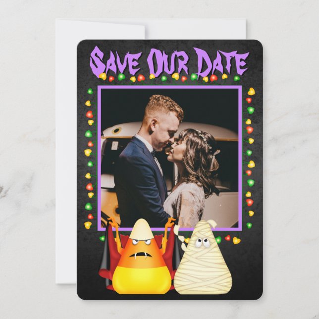 Cute Candy Corn Couple Halloween PHOTO Wedding Save The Date (Front)