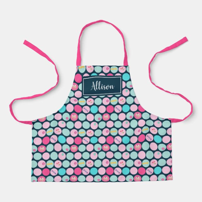 Cute Candy Cupcake Cherry Dots Girls Pink | Navy Apron (Front)