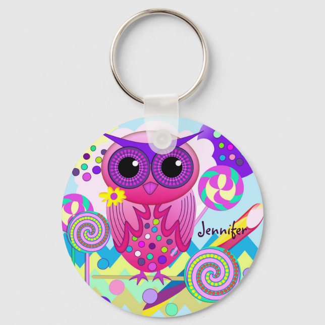 Cute Candy Owl, Lollipops & Custom Name Keychain (Front)