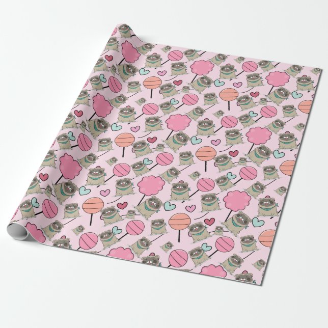 Cute Candy Pugs Wrapping Paper (Unrolled)
