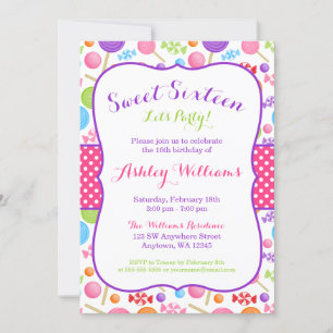 Cute Candy Sweet 16 Birthday Party Invitation
