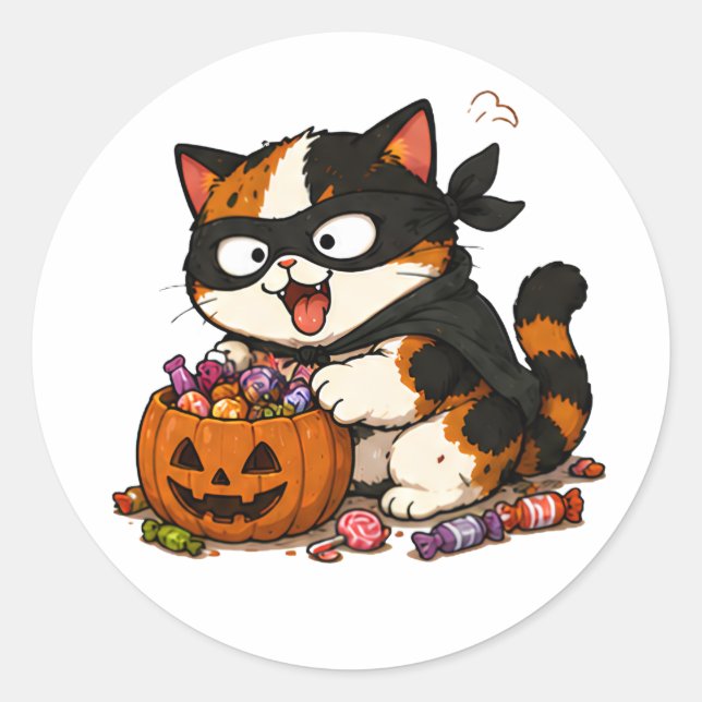 Cute Candy Thief Calico Cat Classic Round Sticker (Front)