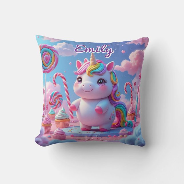Cute Candy Unicorn Pillow – Editable Name (Front)