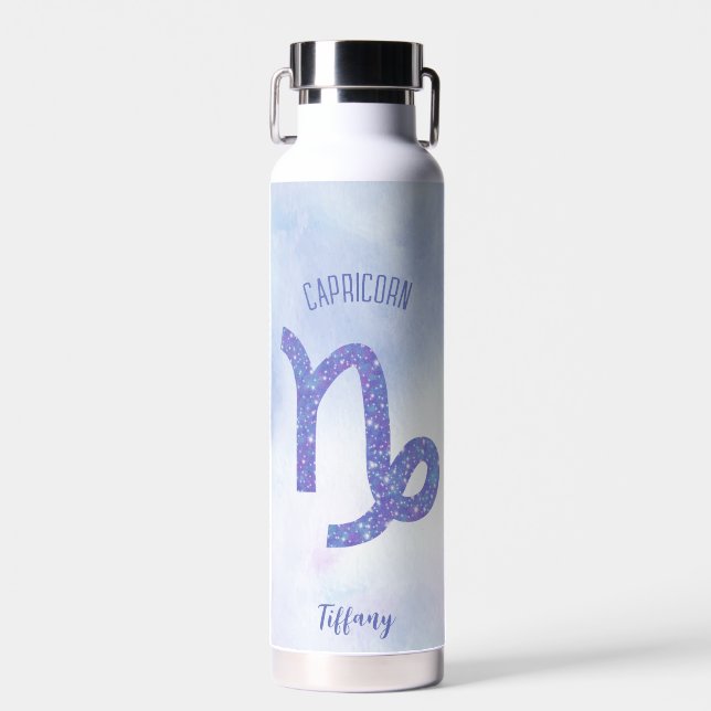 Cute Capricorn Astrology Sign Personalised Purple Water Bottle (Front)