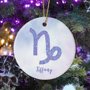 Cute Capricorn Astrology Sign Personalized Purple Ceramic Ornament