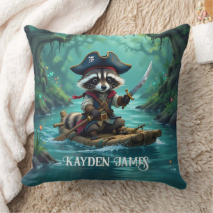 Cute Captain Racoon Rafting Down the River Cushion