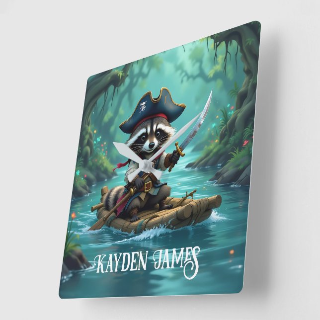 Cute Captain Racoon Rafting Down the River Square Wall Clock (Angle)