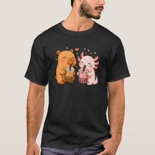 Cute Capybara and Axolotl Drinking Boba Bubble Tea T-Shirt