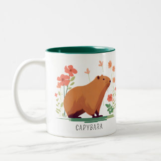 Cute Capybara and Flowers Two-Tone Coffee Mug