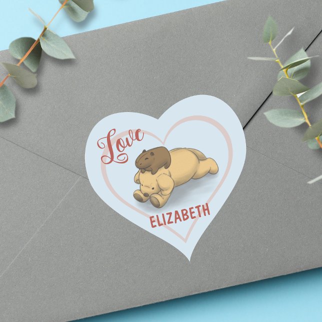 Cute Capybara and Puppy Blue Name Heart Sticker (Spread love with our adorable capybara and puppy sticker.)
