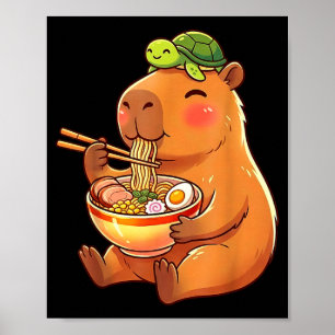 Cute capybara and turtle backpack ramen kawaii poster