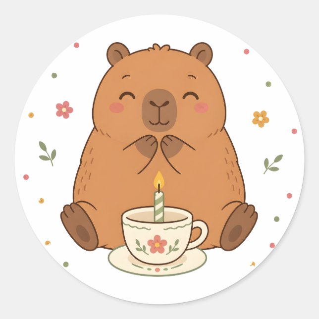 Cute Capybara Birthday Candle Teacup Sticker (Front)