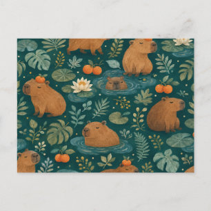 Cute Capybara Botanical Pattern Postcard