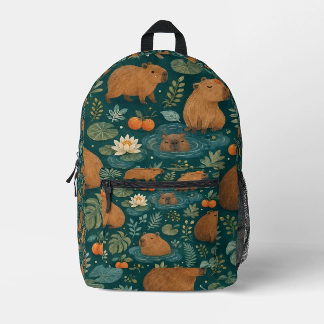Cute Capybara Botanical Pattern Printed Backpack (Front)