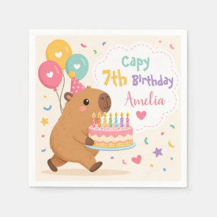 Cute Capybara Capy 7th Birthday  Pink Girl Name Napkin