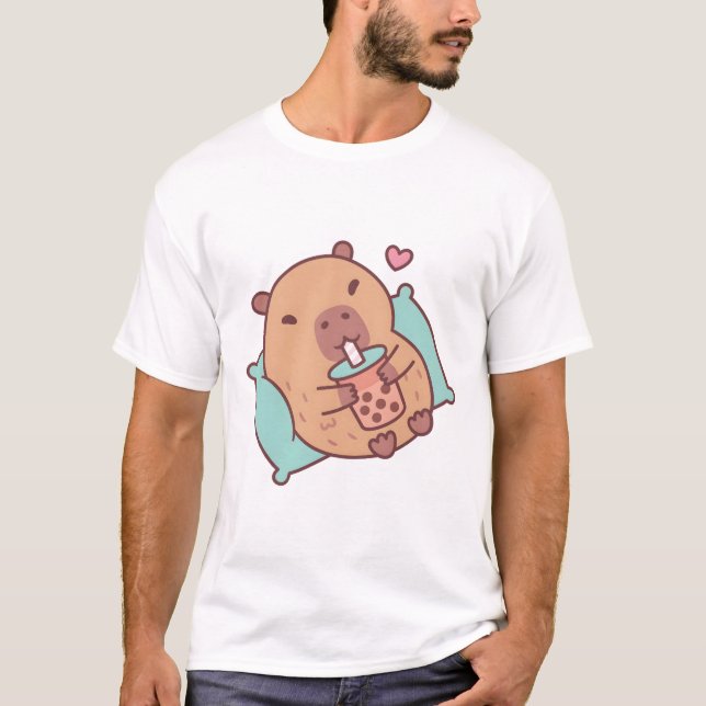 Cute Capybara Chilling And Drinking Bubble Tea T-Shirt (Front)