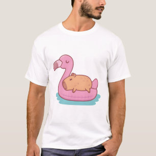 Cute Capybara Chilling And Relaxing On Flamingo Po T-Shirt