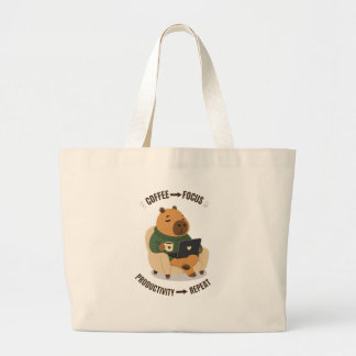 Cute Capybara Coffee Focus Productivity Work From Large Tote Bag