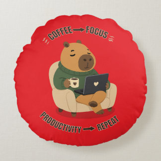 Cute Capybara Coffee Focus Productivity Work From Round Cushion