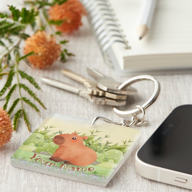 Cute Capybara Custom Name Square Acrylic Key Ring (Front Right)