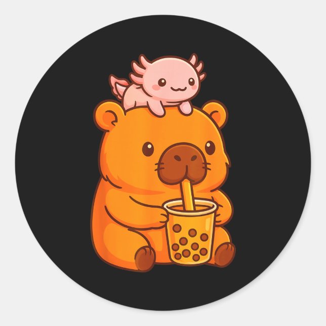 Cute Capybara Drinking Bubble Tea And Axolotl Kawa Classic Round Sticker (Front)
