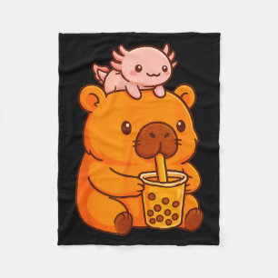 Cute Capybara Drinking Bubble Tea And Axolotl Kawa Fleece Blanket