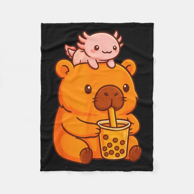 Cute Capybara Drinking Bubble Tea And Axolotl Kawa Fleece Blanket (Front)