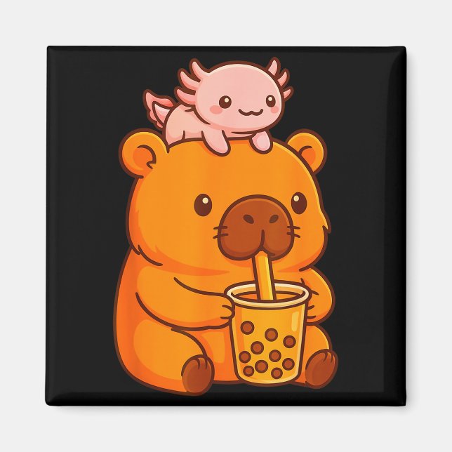 Cute Capybara Drinking Bubble Tea And Axolotl Kawa Magnet (Front)