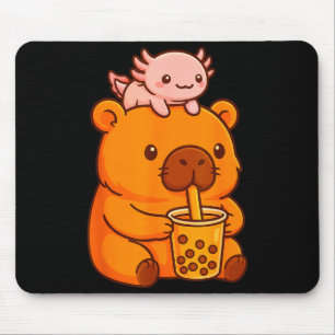 Cute Capybara Drinking Bubble Tea And Axolotl Kawa Mouse Pad