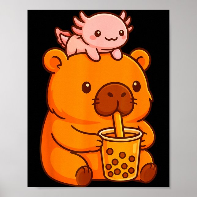 Cute Capybara Drinking Bubble Tea And Axolotl Kawa Poster (Front)
