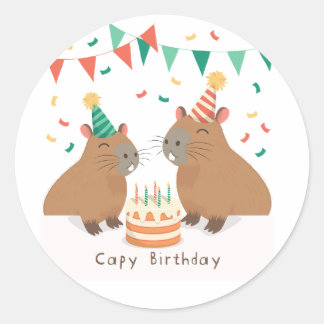Cute capybara family celebrating birthday classic round sticker