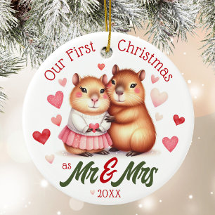 Cute Capybara First Christmas as Mr & Mrs Married Ceramic Ornament