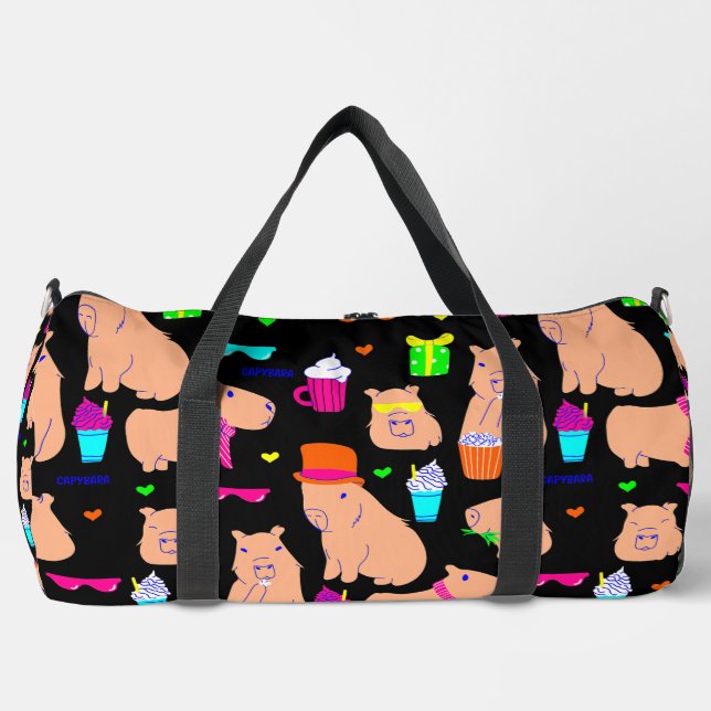 cute capybara funny animal black  duffle bag (Front)