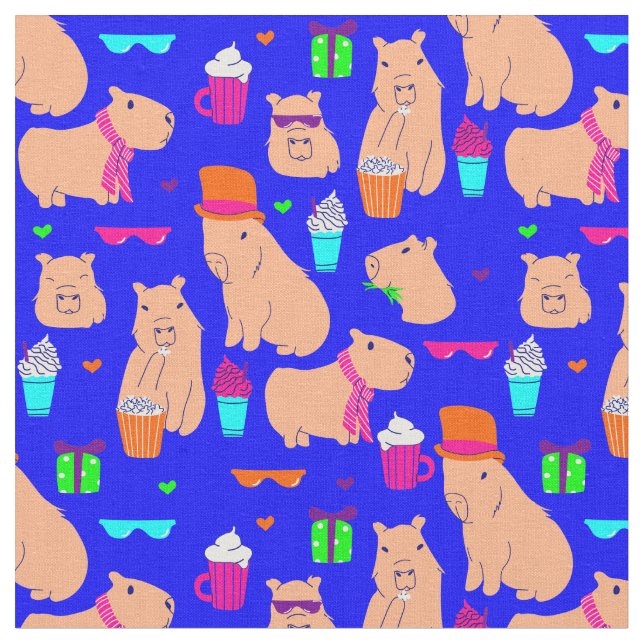 cute capybara funny animal blue  fabric (Close Up)