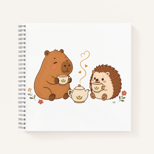 Cute Capybara Hedgehog Tea Time Friends Notebook (Front)