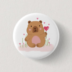 Cute Capybara Hot Air Balloon Pink Baby Shower  3 Cm Round Badge