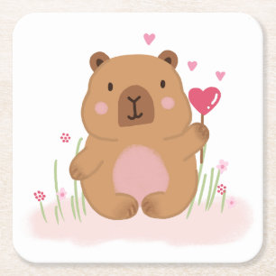 Cute Capybara Hot Air Balloon Pink Baby Shower Nap Square Paper Coaster