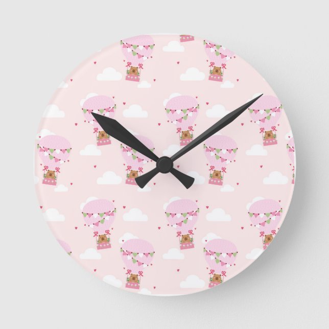 Cute Capybara Hot Air Balloon Round Clock (Front)